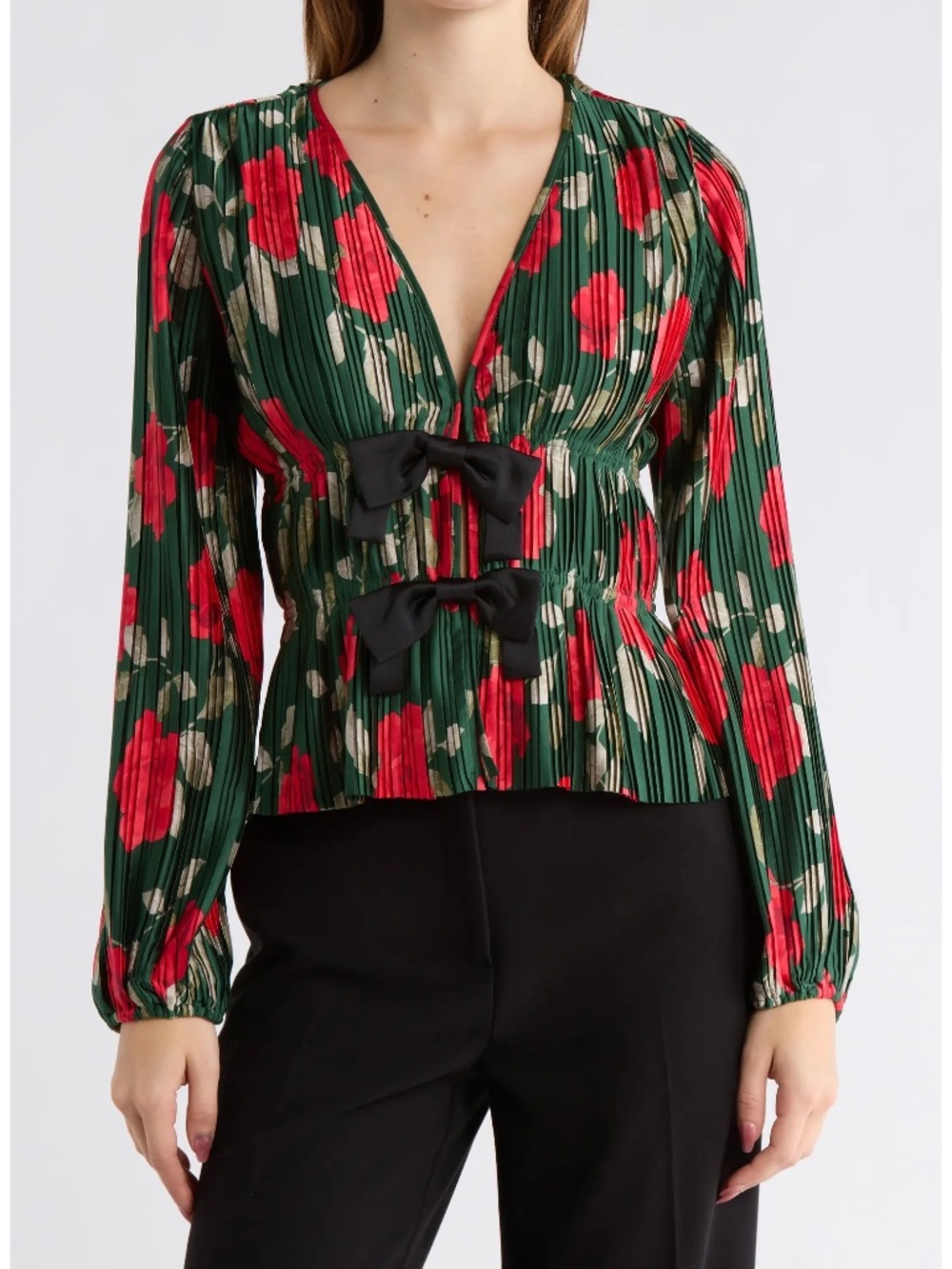 WAYF Bow Plissé Floral Peplum Blouse Emerald Roses Women Size M